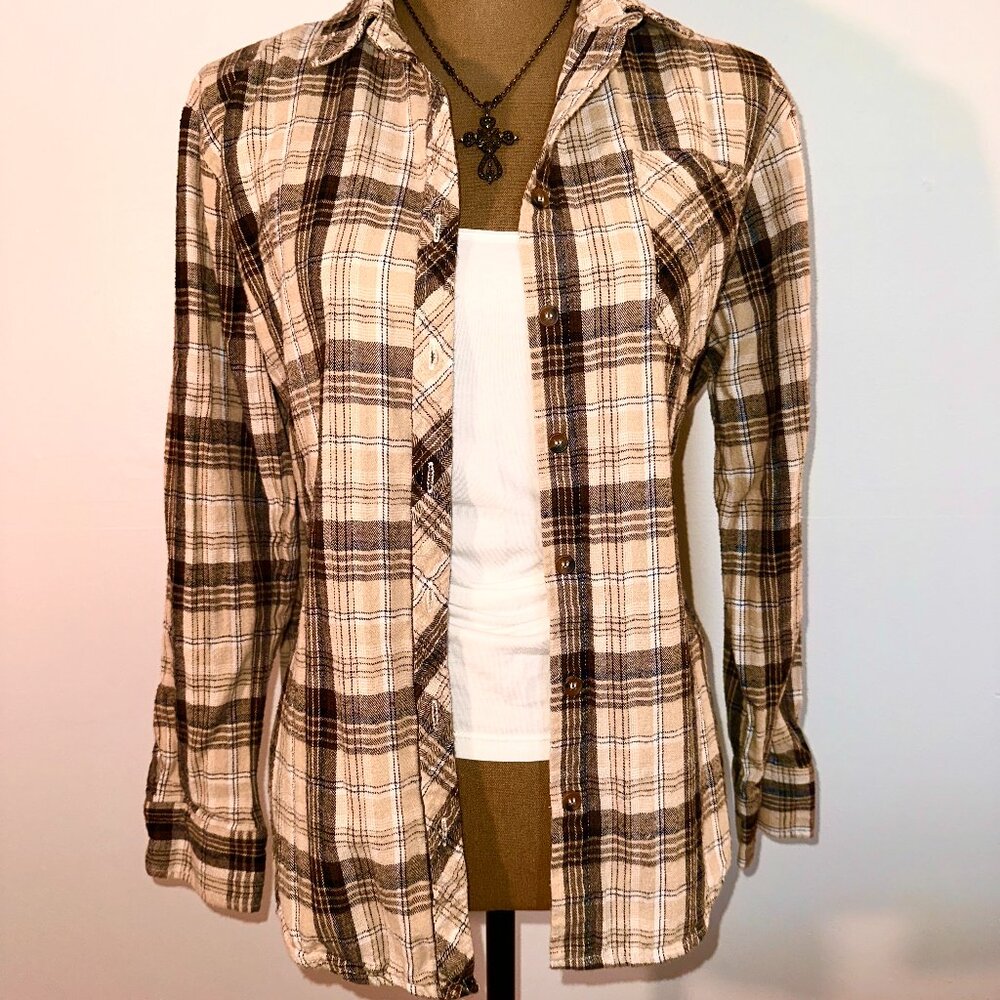 Brown and white plaid button-up shirt